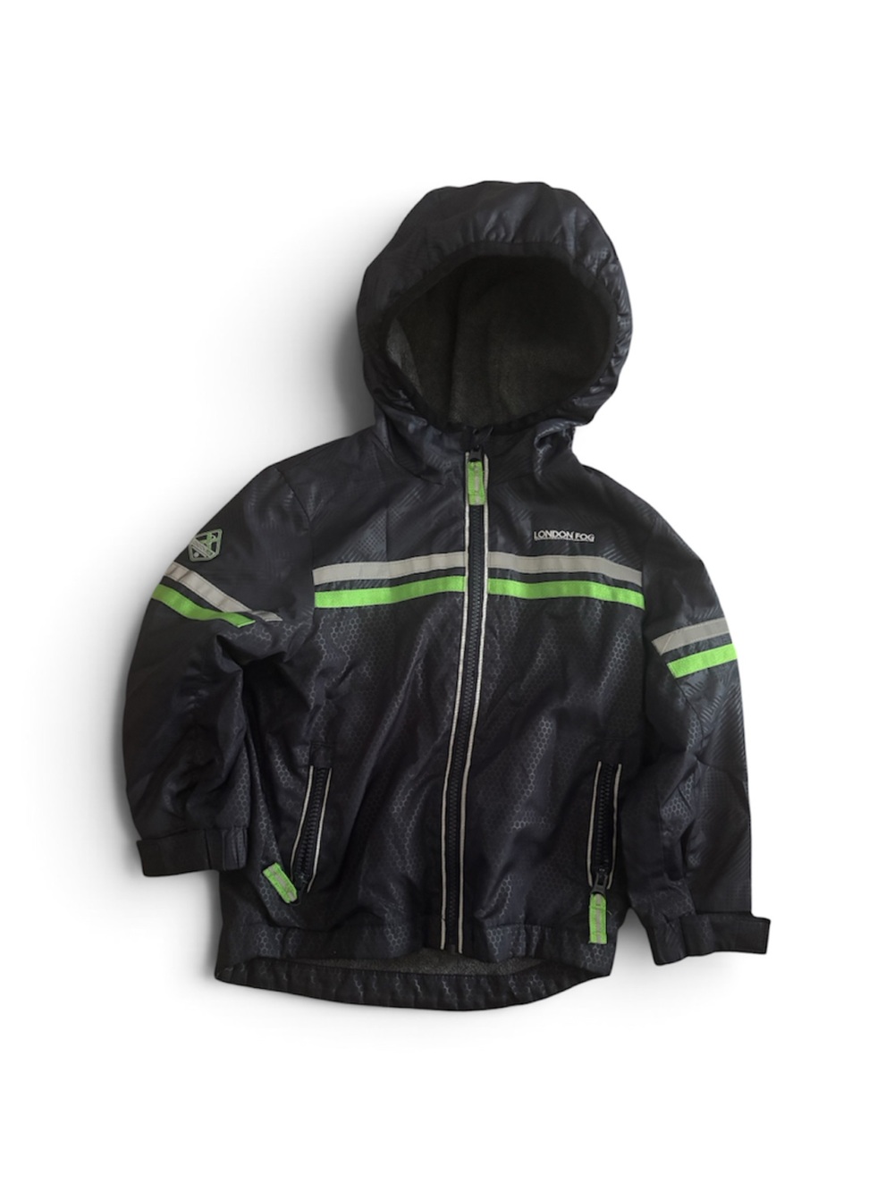 London Fog Black Kids Raincoat with Bright Green Stripes Size 4T